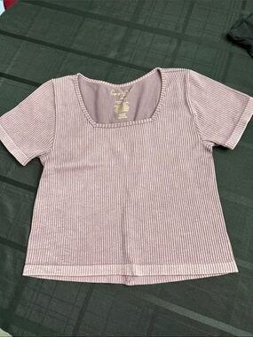 Garage Ribbed Square Neck Short Sleeve Top in Mauve Pink